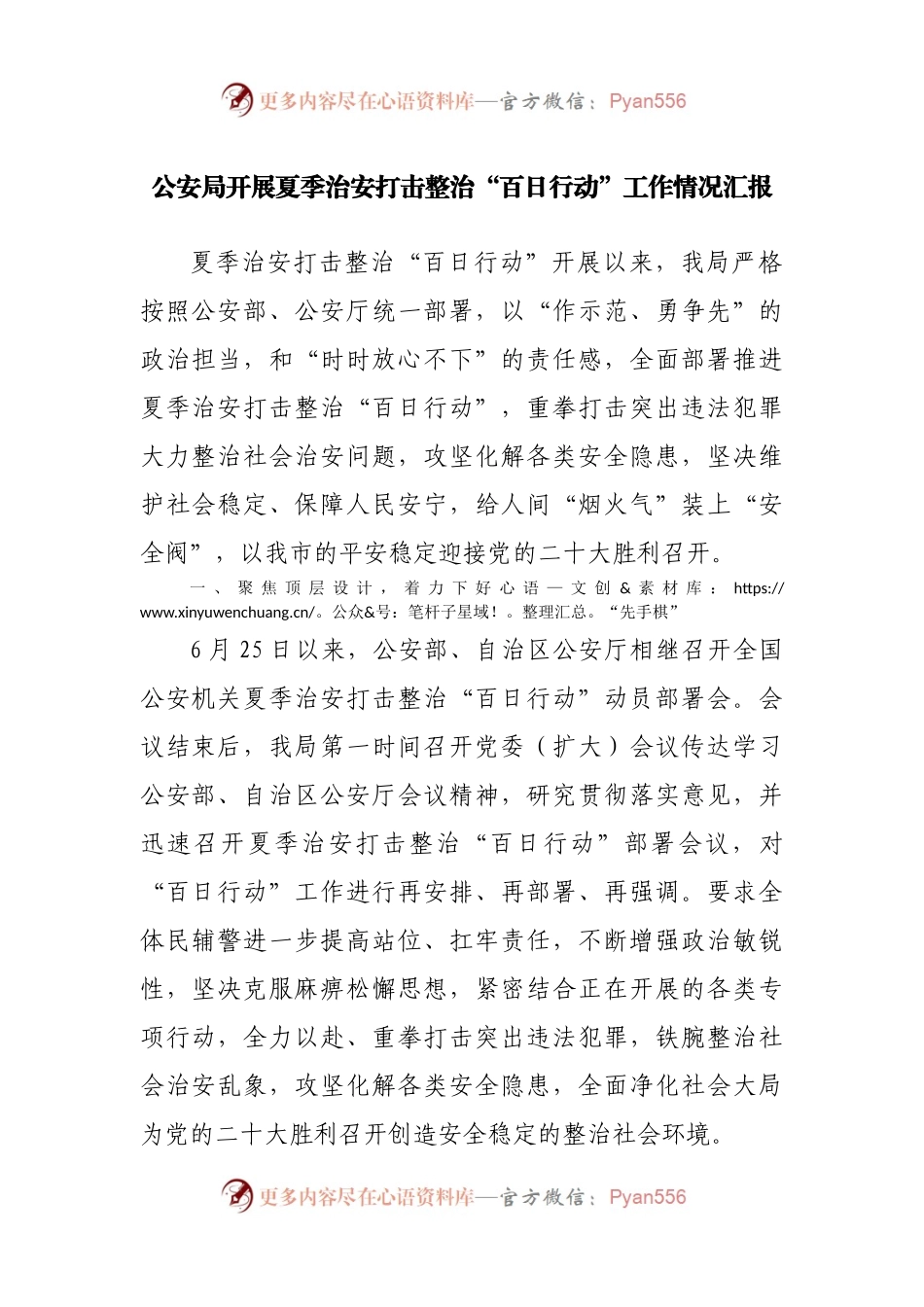公安开展夏季治安打击整治“百日行动”工作情况汇报.docx_第1页