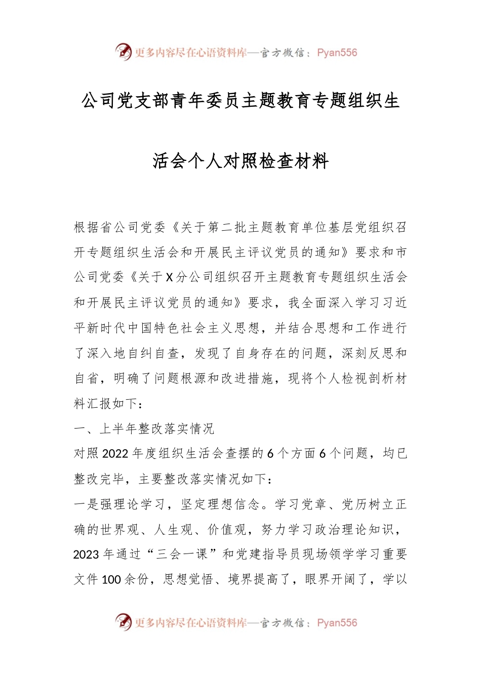 公司党支部青年委员主题教育专题组织生活会个人对照检查材料.docx_第1页