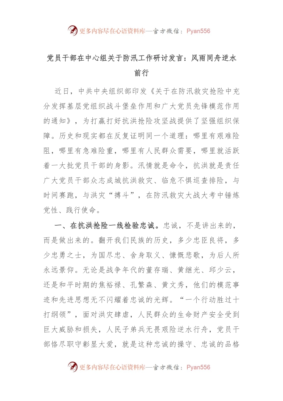 党员干部在中心组关于防汛工作研讨发言：风雨同舟 逆水前行.docx_第1页