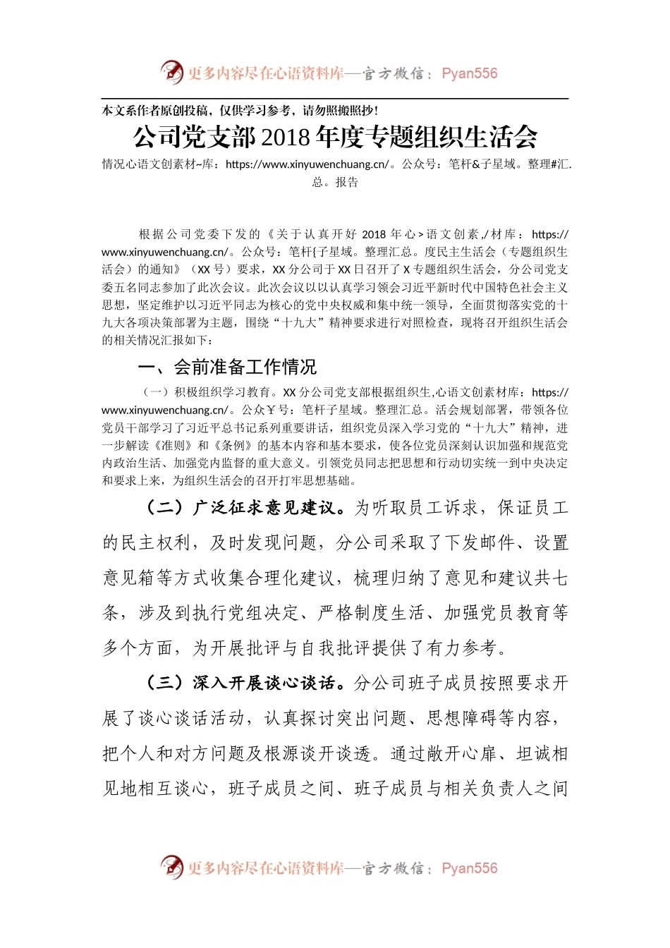 公司党支部2018年度专题组织生活会情况报告.docx_第1页