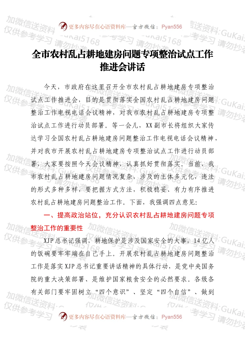 全市农村乱占耕地建房问题专项整治试点工作推进会讲话.docx_第1页