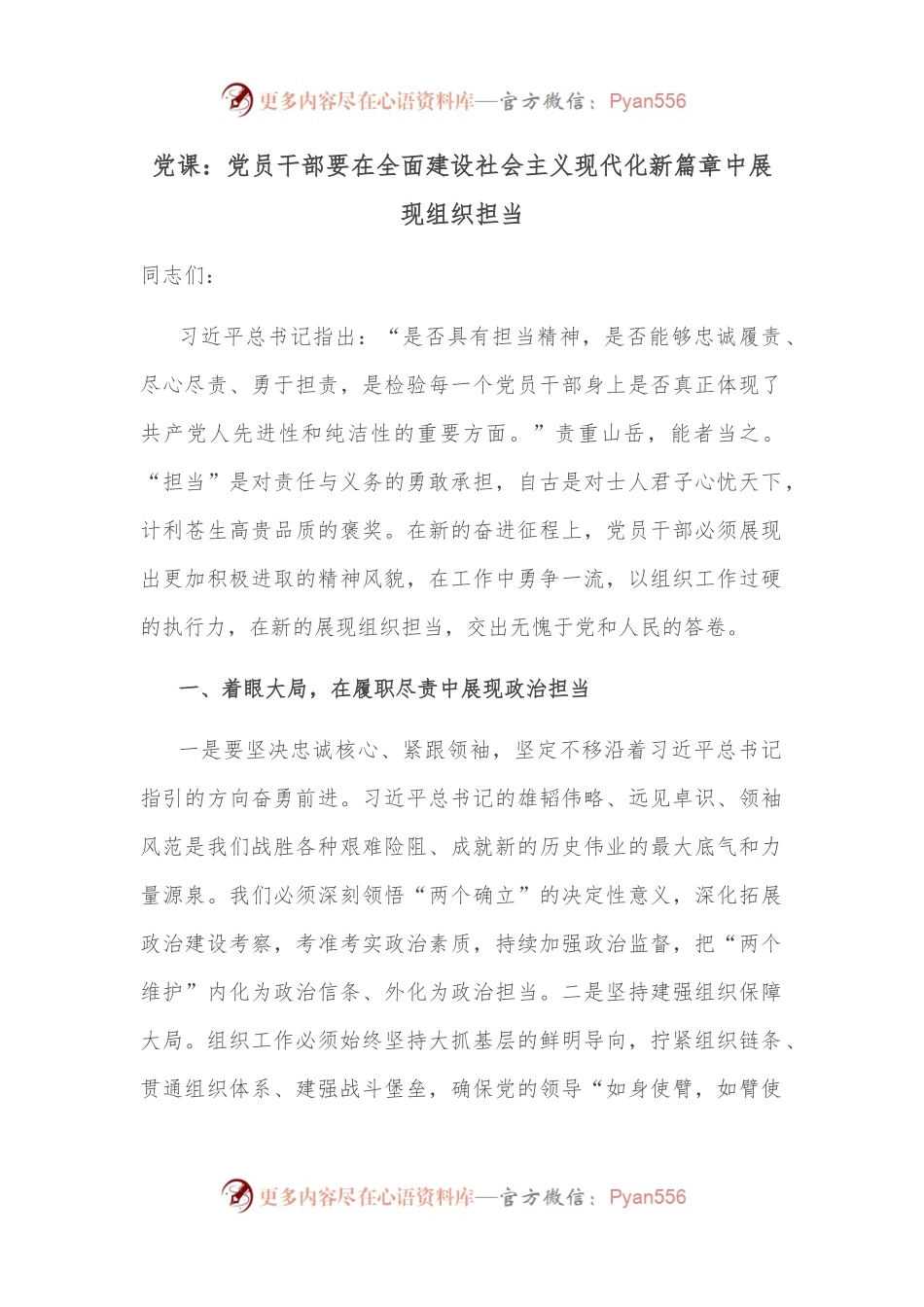 党课：党员干部要在全面建设社会主义现代化新篇章中展现组织担当.docx_第1页