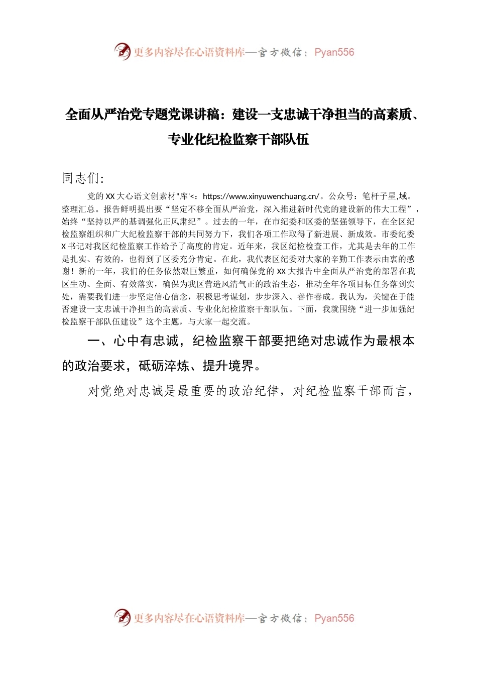 全面从严治党党课讲稿：建设一支忠诚干净担当的高素质、专业化纪检监察干部队伍.docx_第1页