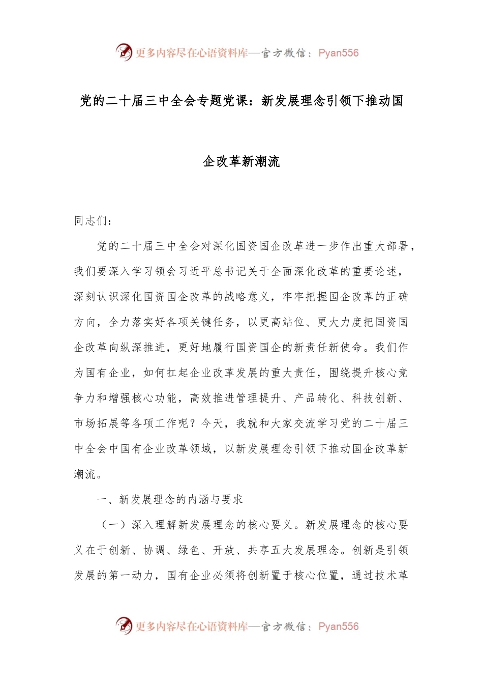 党的二十届三中全会专题党课：新发展理念引领下推动国企改革新潮流.docx_第1页