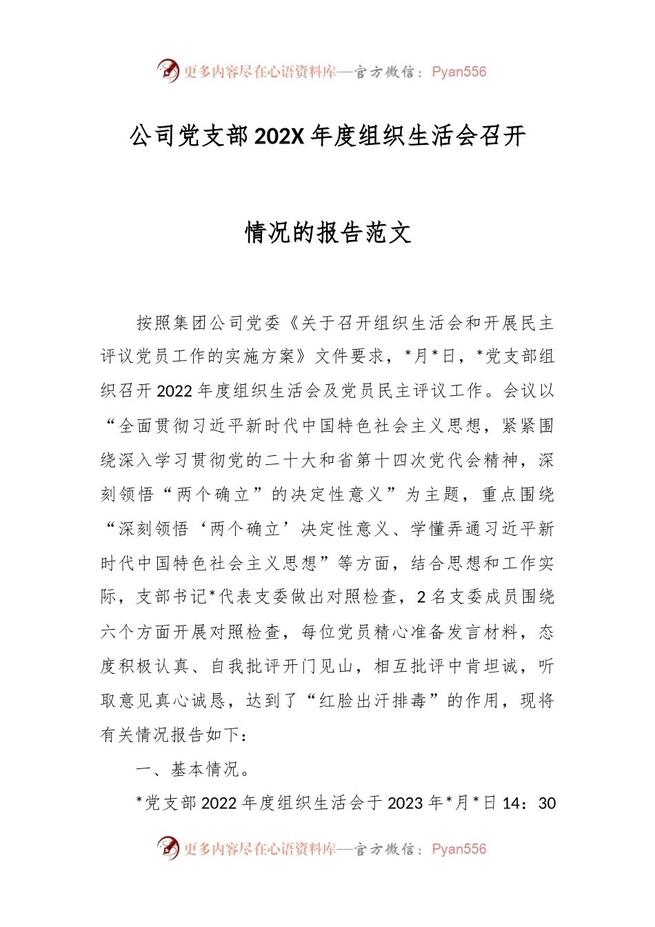 公司党支部202X年度组织生活会召开情况的报告范文.docx_第1页