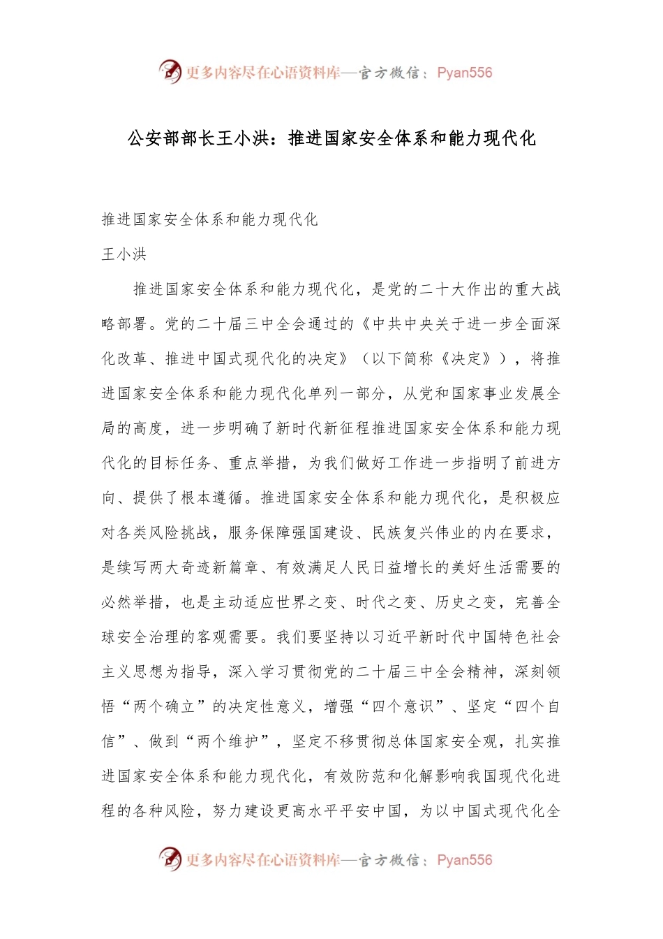 公安部部长王小洪：推进国家安全体系和能力现代化.docx_第1页