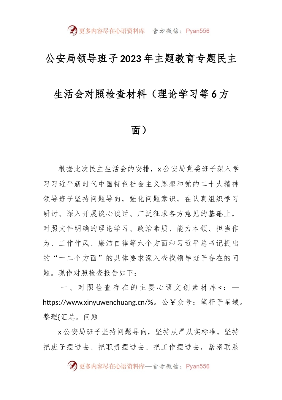 公安局领导班子2023年主题教育专题民主生活会对照检查材料（理论学习等6方面）.docx_第1页