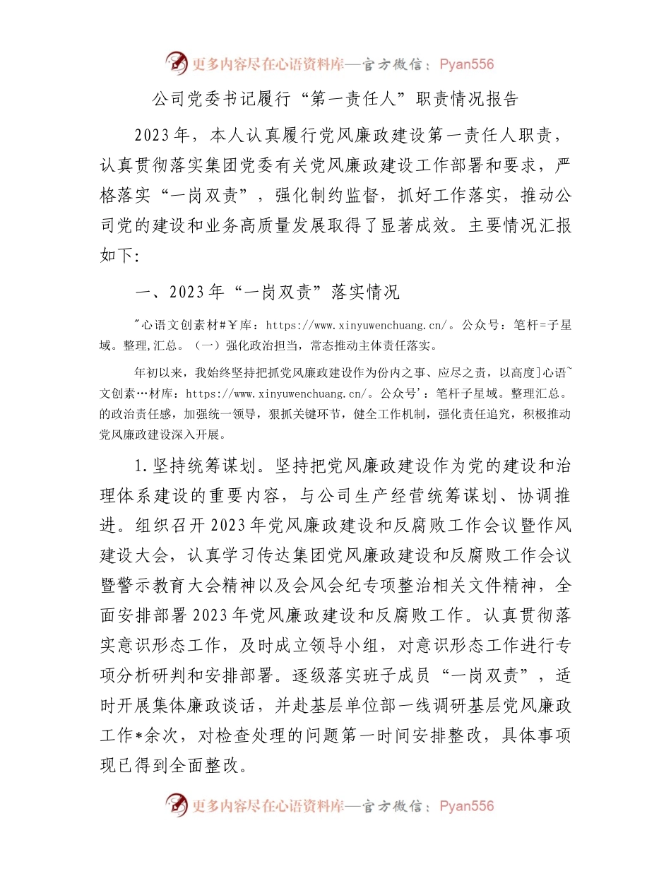 公司党委书记履行“第一责任人”职责情况报告.docx_第1页