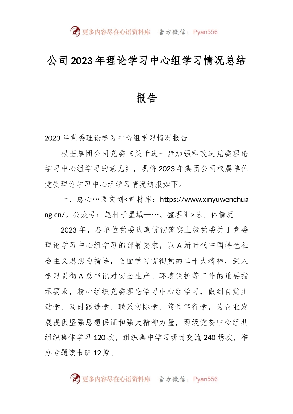 公司2023年理论学习中心组学习情况总结报告.docx_第1页