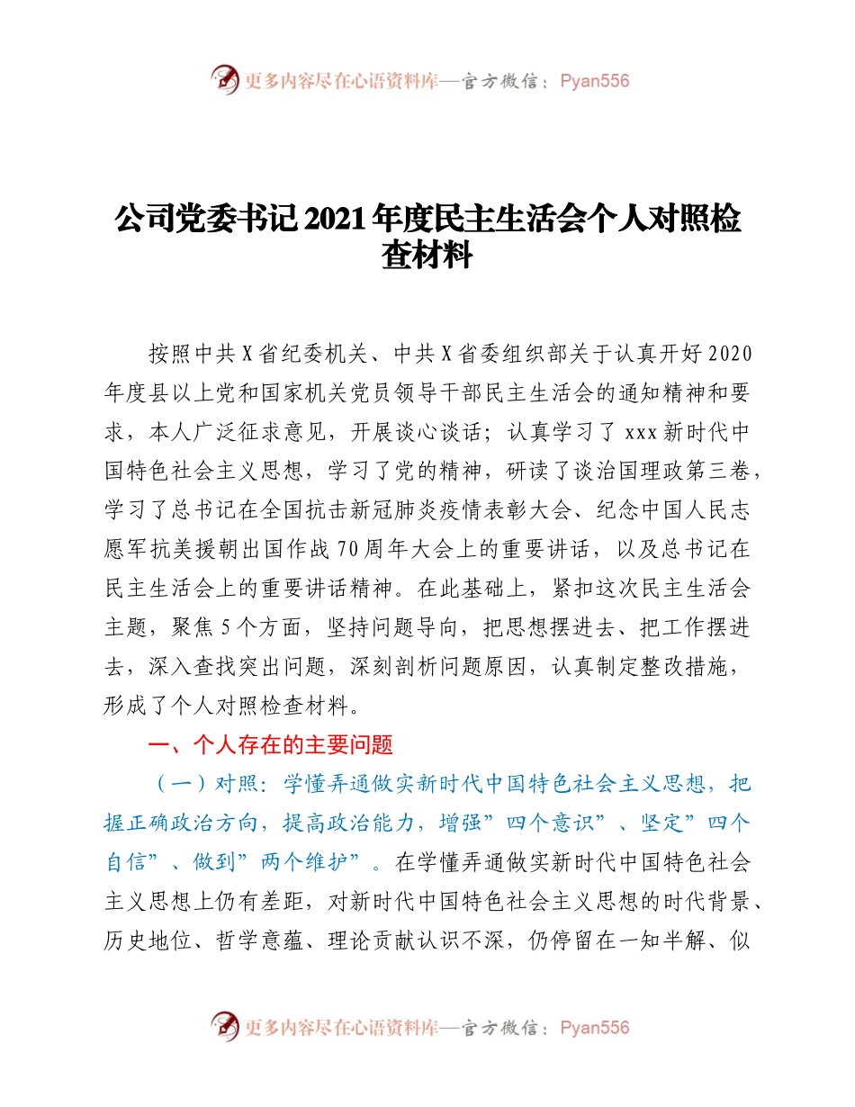公司党委书记2020年度民主生活会对照检查材料.docx_第1页