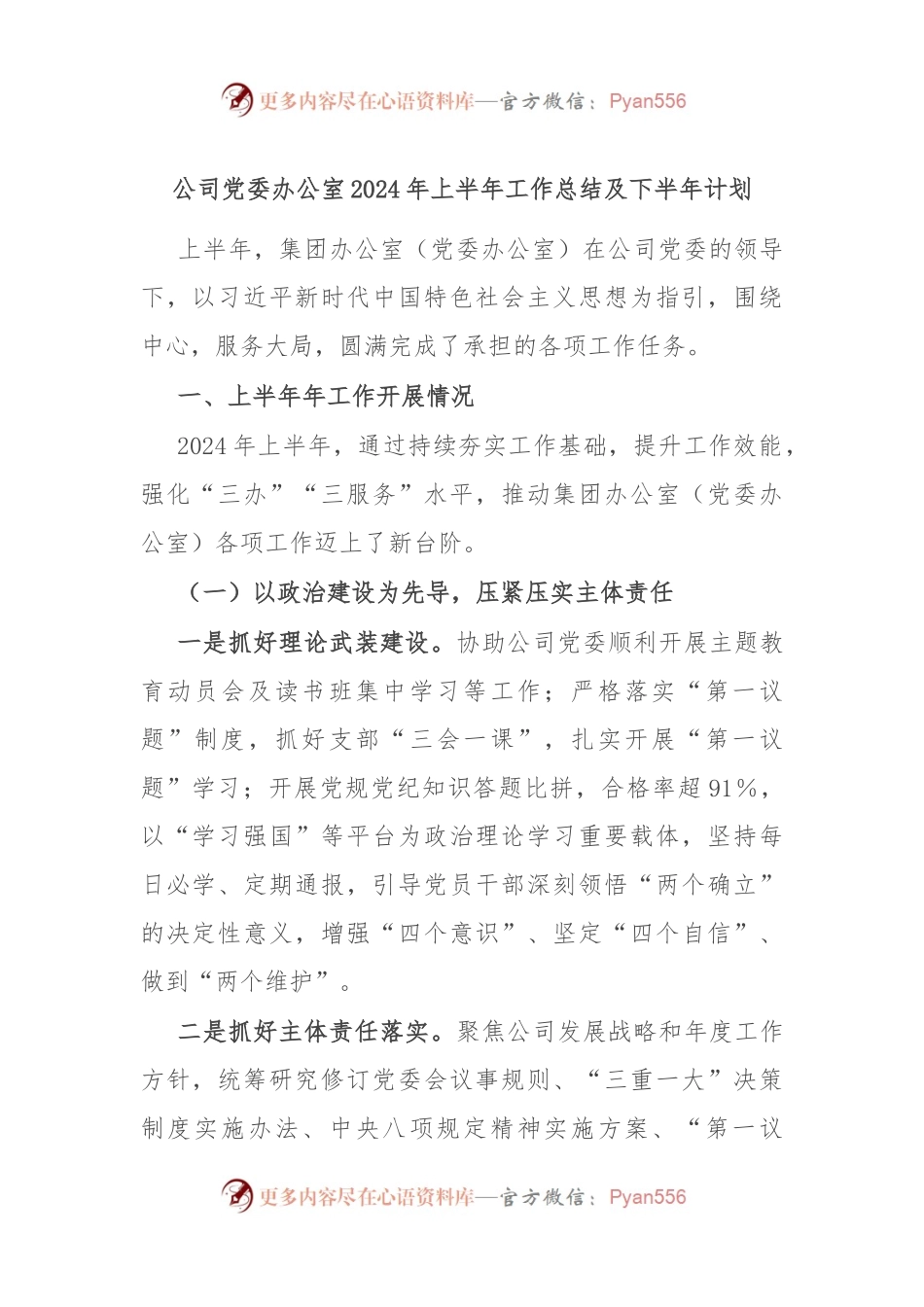 公司党委办公室2024年上半年工作总结及下半年计划.docx_第1页