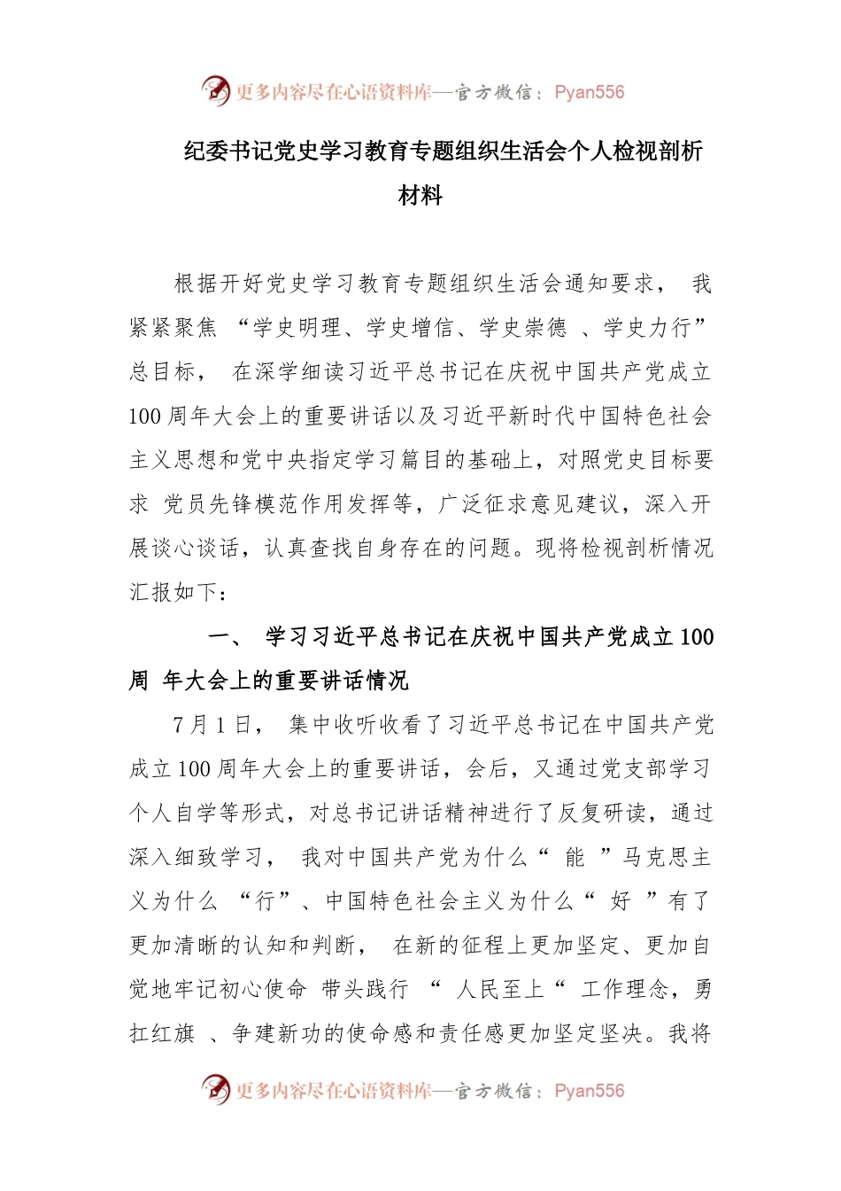 党史学习教育专题组织生活会个人检视剖析材料（极简版）.docx_第1页