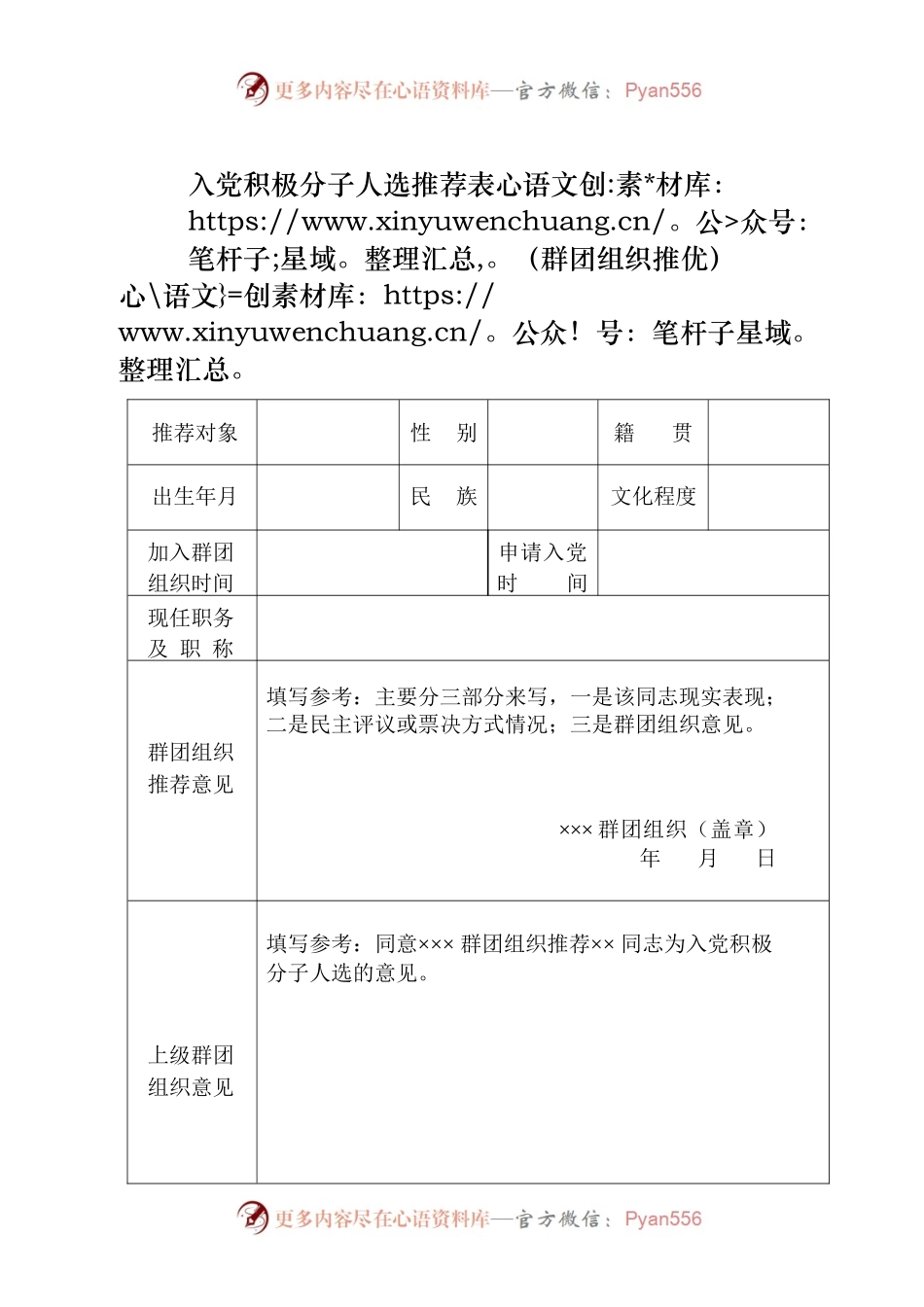 入党积极分子人选推荐表（群团组织推优）.docx_第1页
