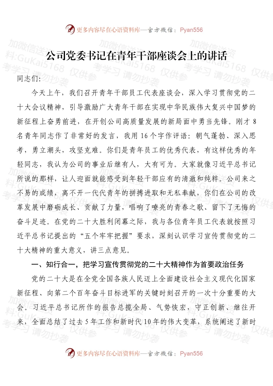 公司党委书记在青年干部座谈会上的讲话 (2).docx_第1页