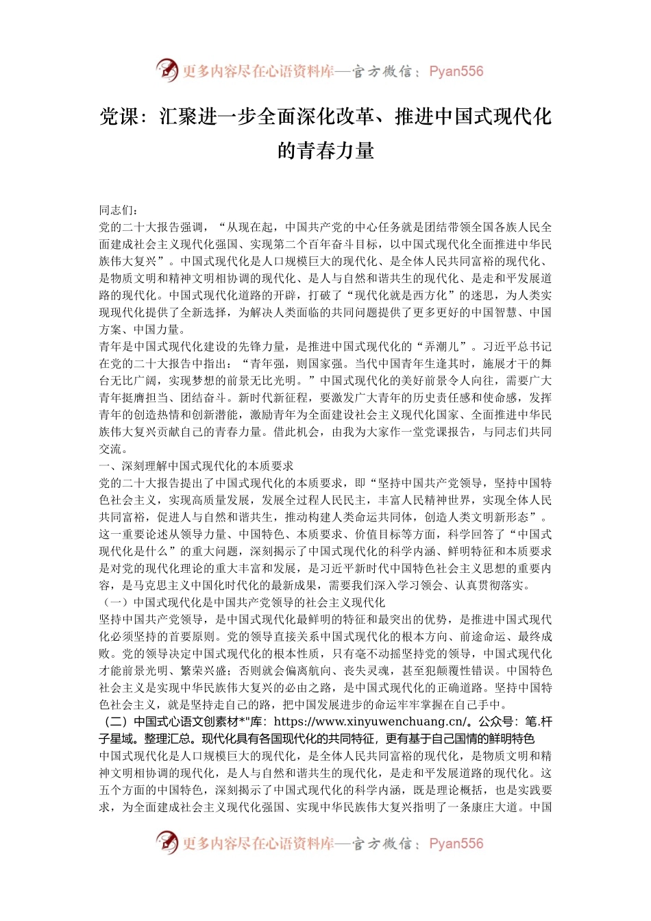 党课：汇聚进一步全面深化改革、推进中国式现代化的青春力量.docx_第1页