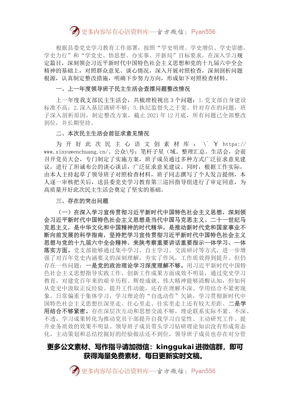党支部领导班子2021年度党史学习教育五个带头民主生活会对照检查材料.docx_第1页