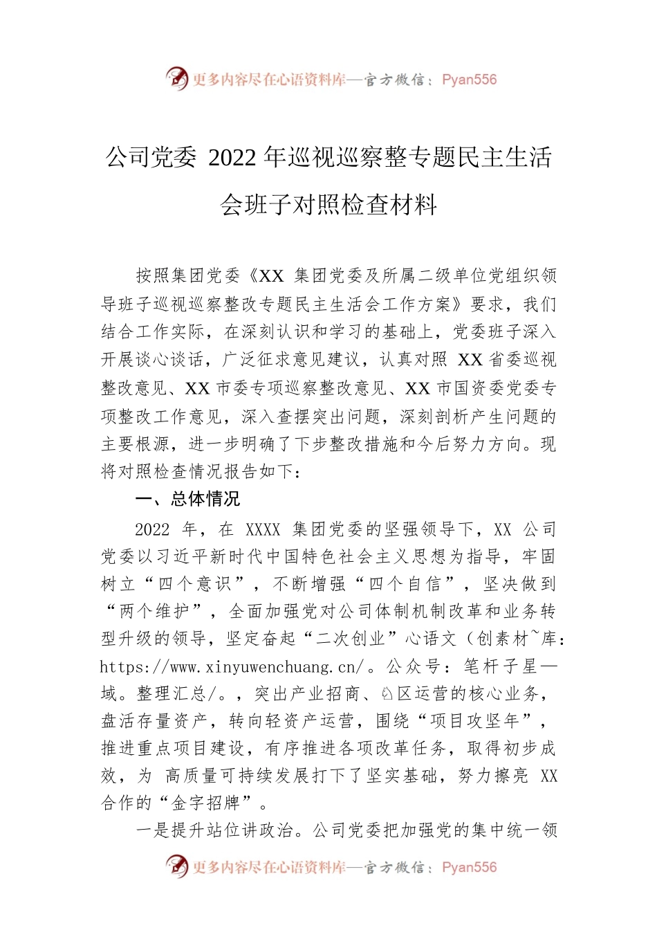 公司党委2022年巡视巡察整专题民主生活会班子对照检查材料.docx_第1页