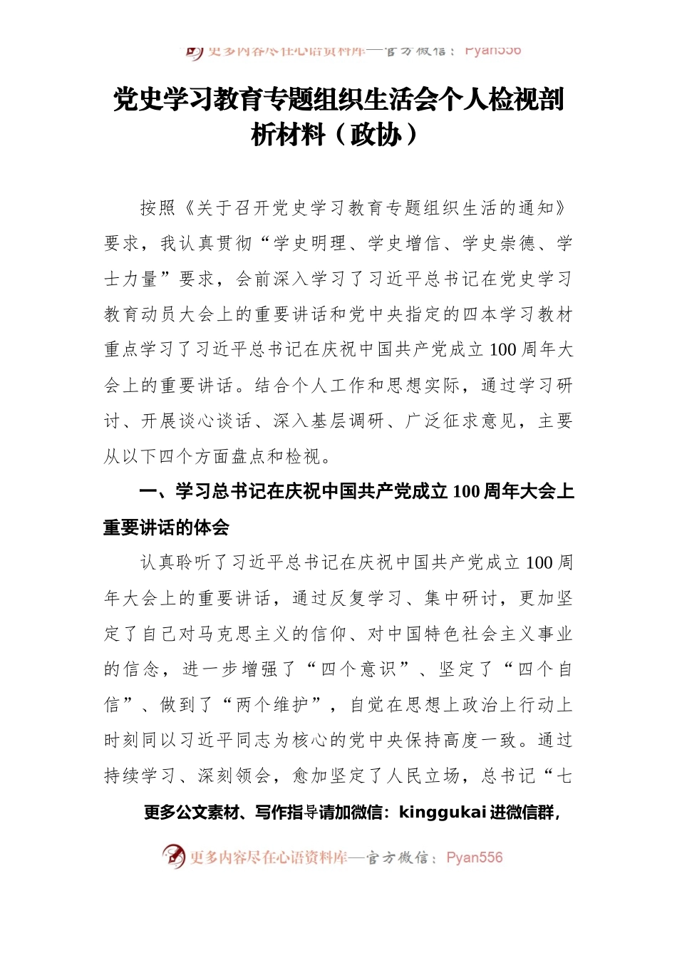 党史学习教育专题组织生活会个人检视剖析材料（政协）.docx_第1页