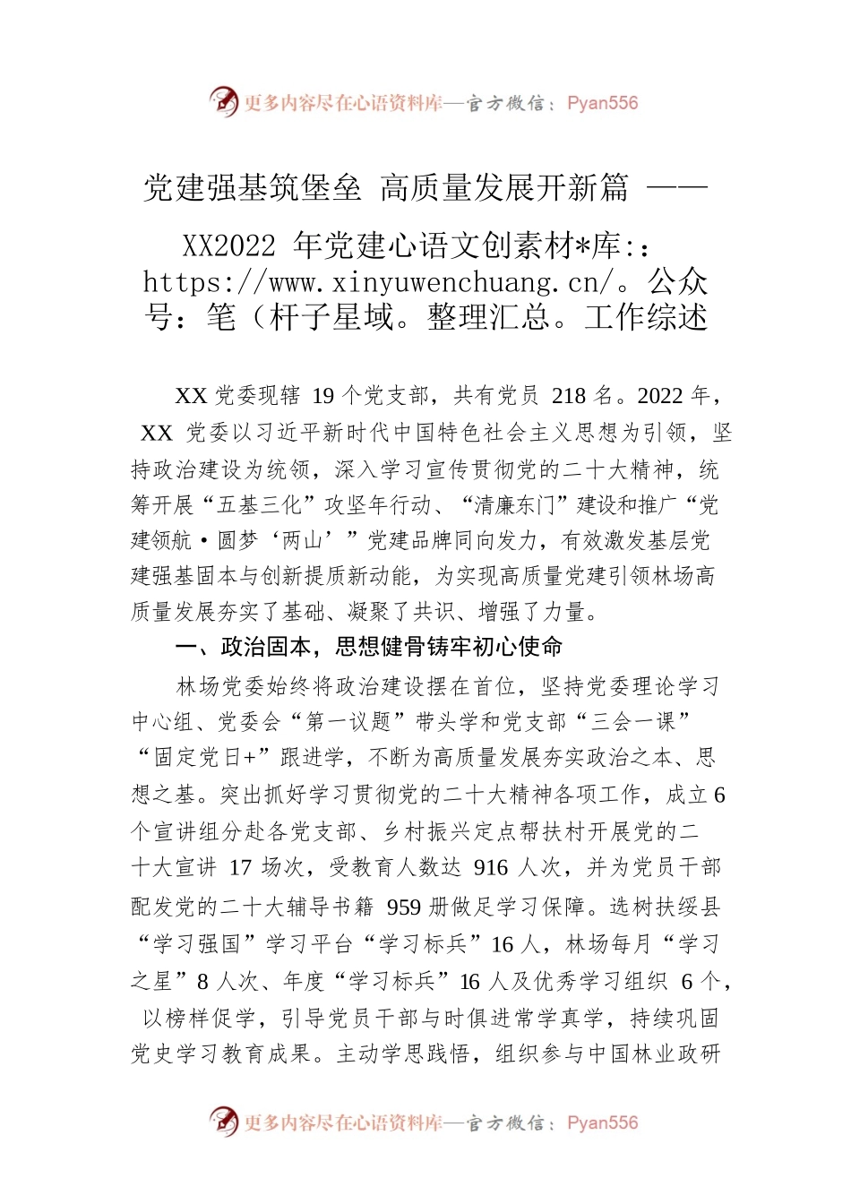 党建强基筑堡垒 高质量发展开新篇 ——XX2022年党建工作综述（20230109）.docx_第1页