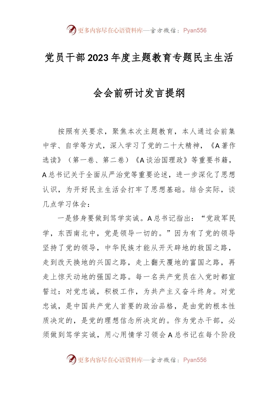 党员干部2023年度 主题教育专题民主生活会会前研讨发言提纲.docx_第1页
