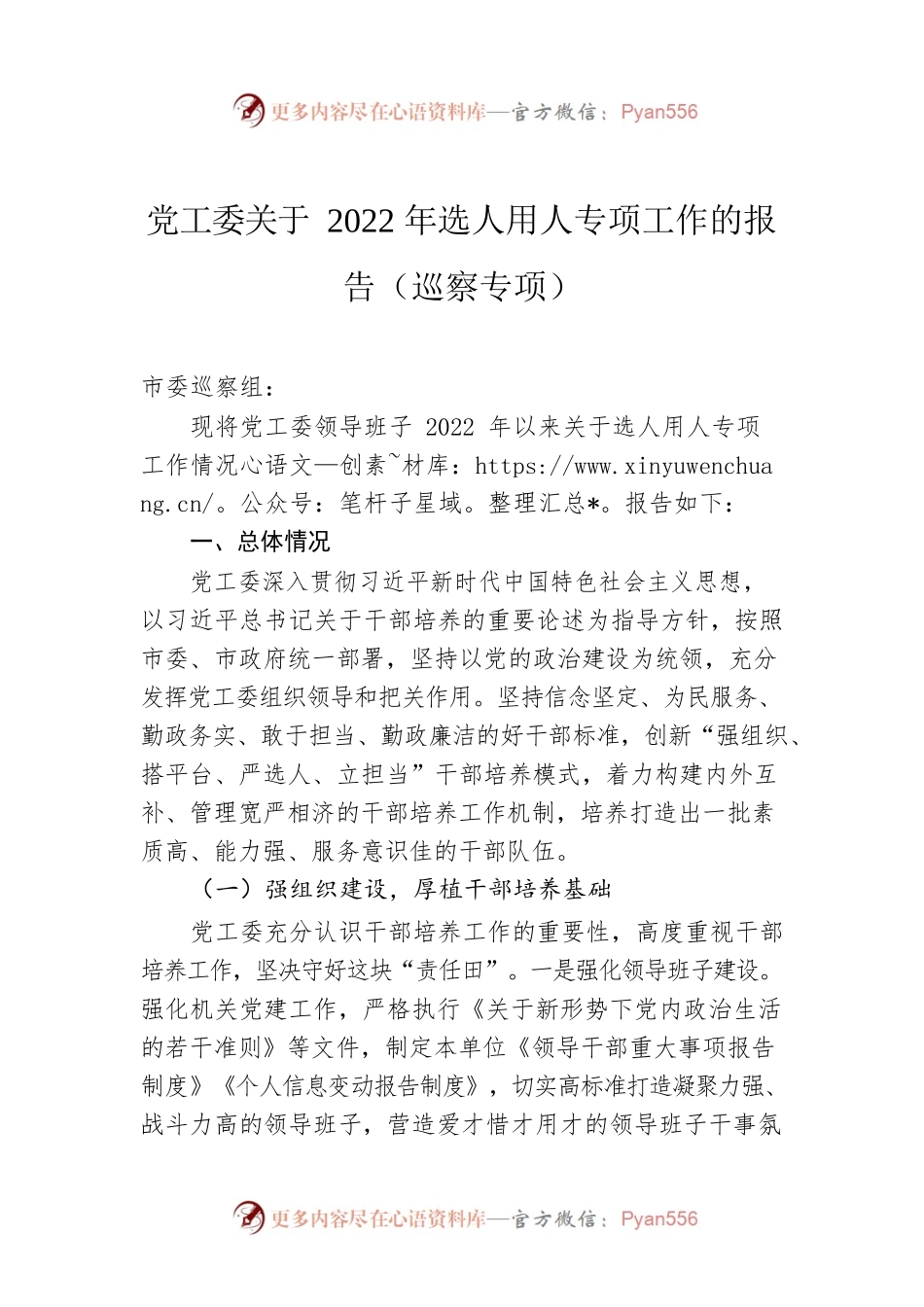 党工委关于2022年选人用人专项工作的报告（巡察专项）.docx_第1页