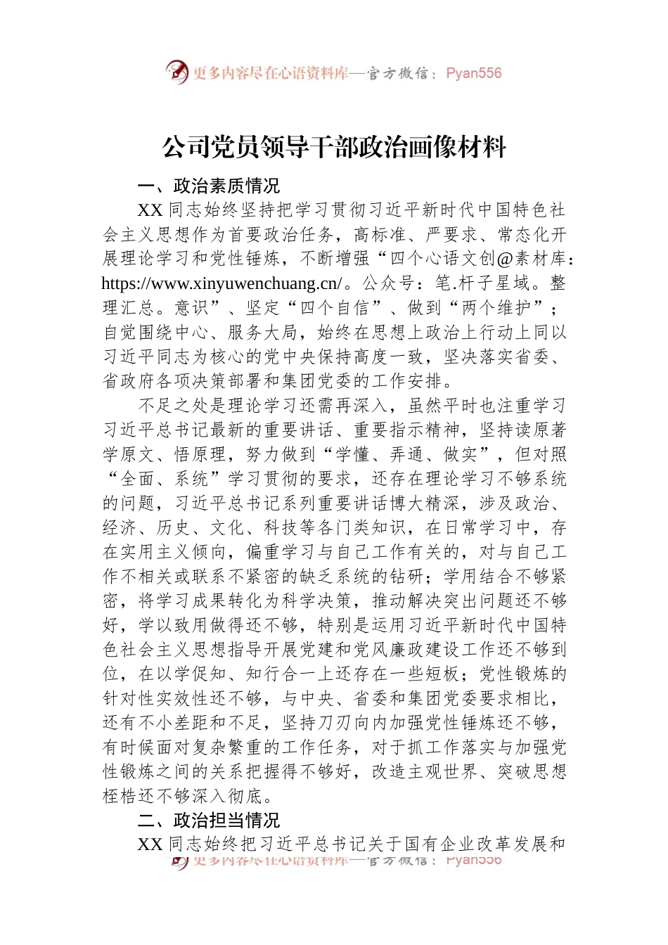 公司党员领导干部政治画像材料.docx_第1页