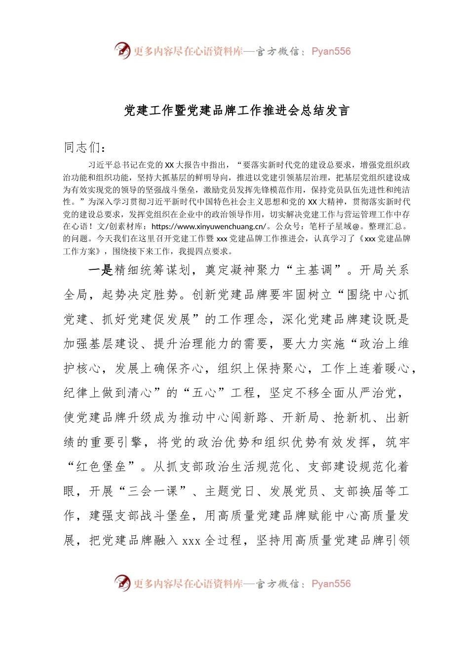 党建工作暨党建品牌工作推进会总结发言.docx_第1页