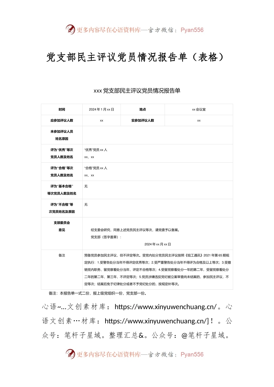 党支部民主评议党员情况报告单（表格）.docx_第1页
