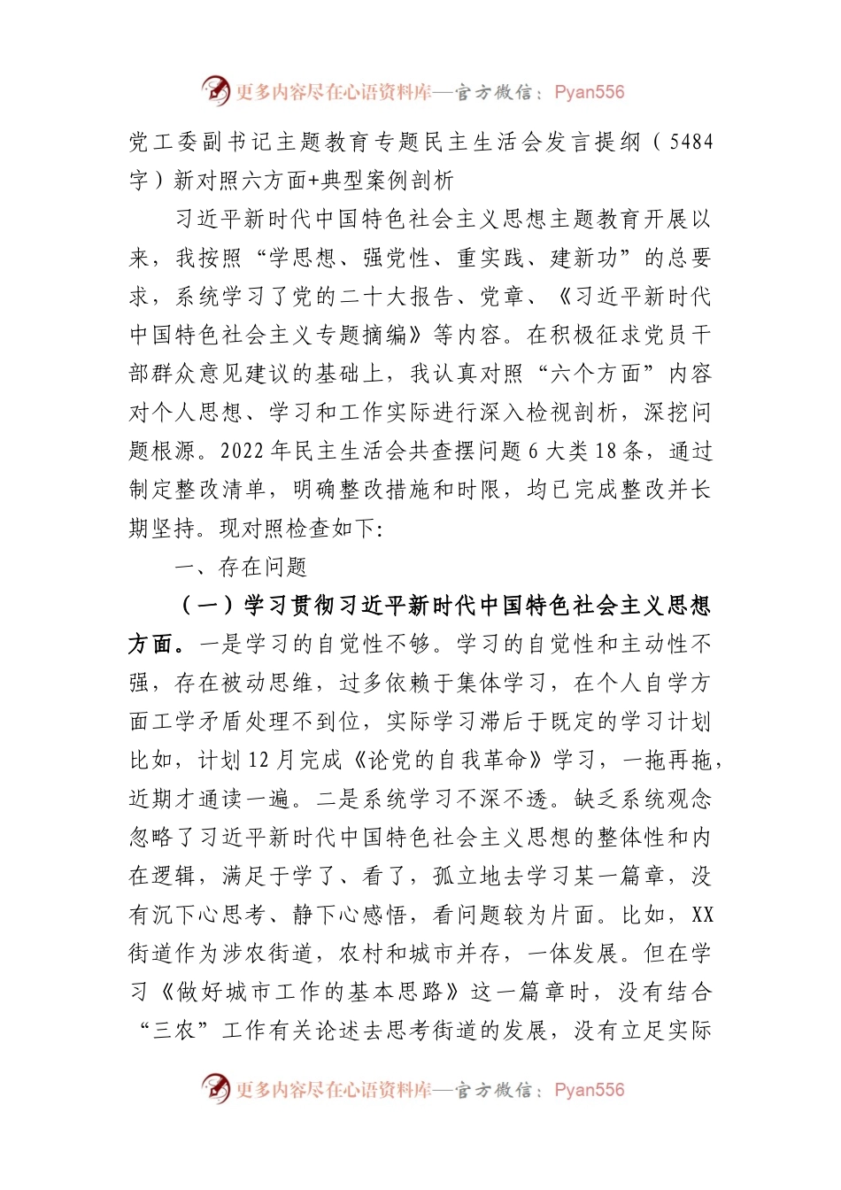 党工委副书记主题教育专题民主生活会发言提纲（践行宗旨等6个方面+典型案例剖析）(1).docx_第1页