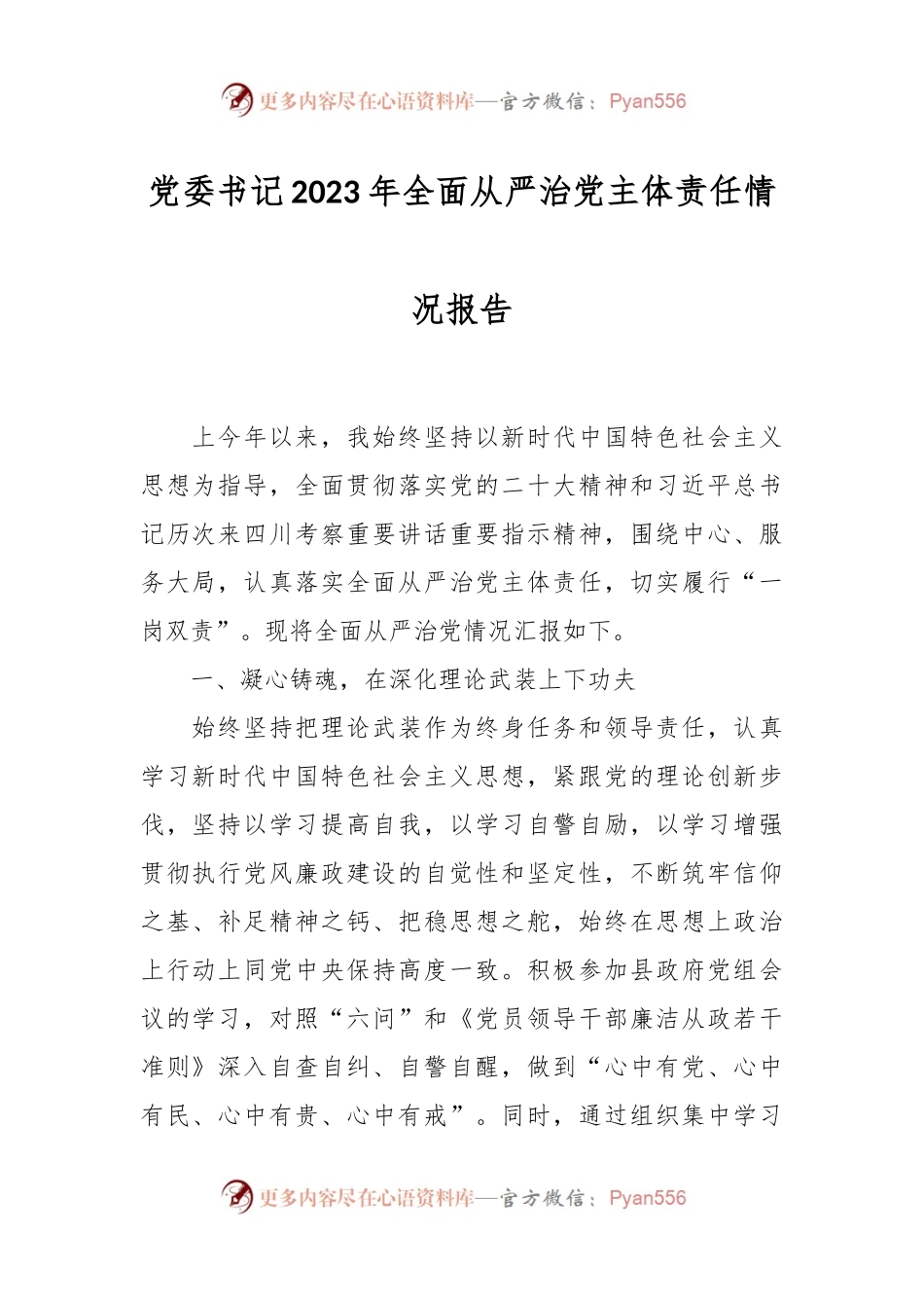 党委书记2023年全面从严治党主体责任情况报告.docx_第1页