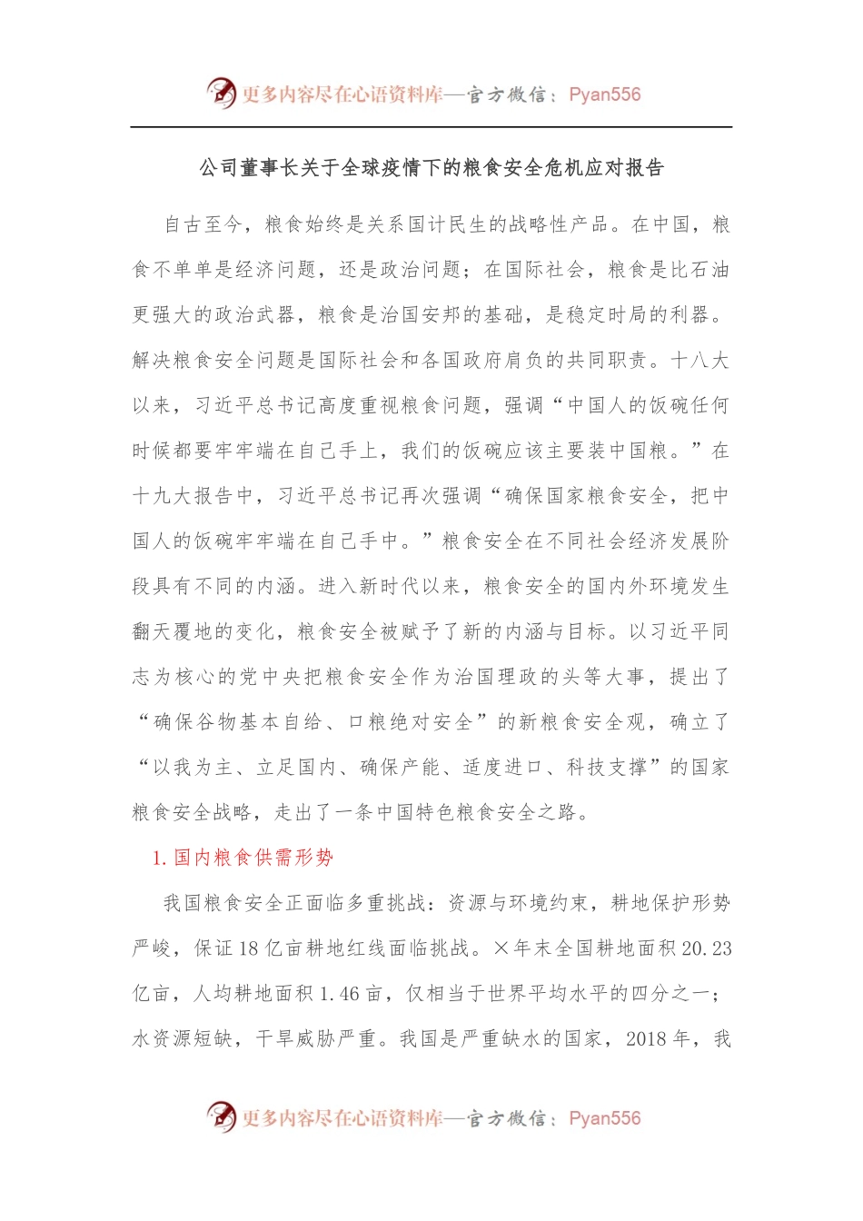 公司董事长关于全球疫情下的粮食安全危机应对报告[2].docx_第1页