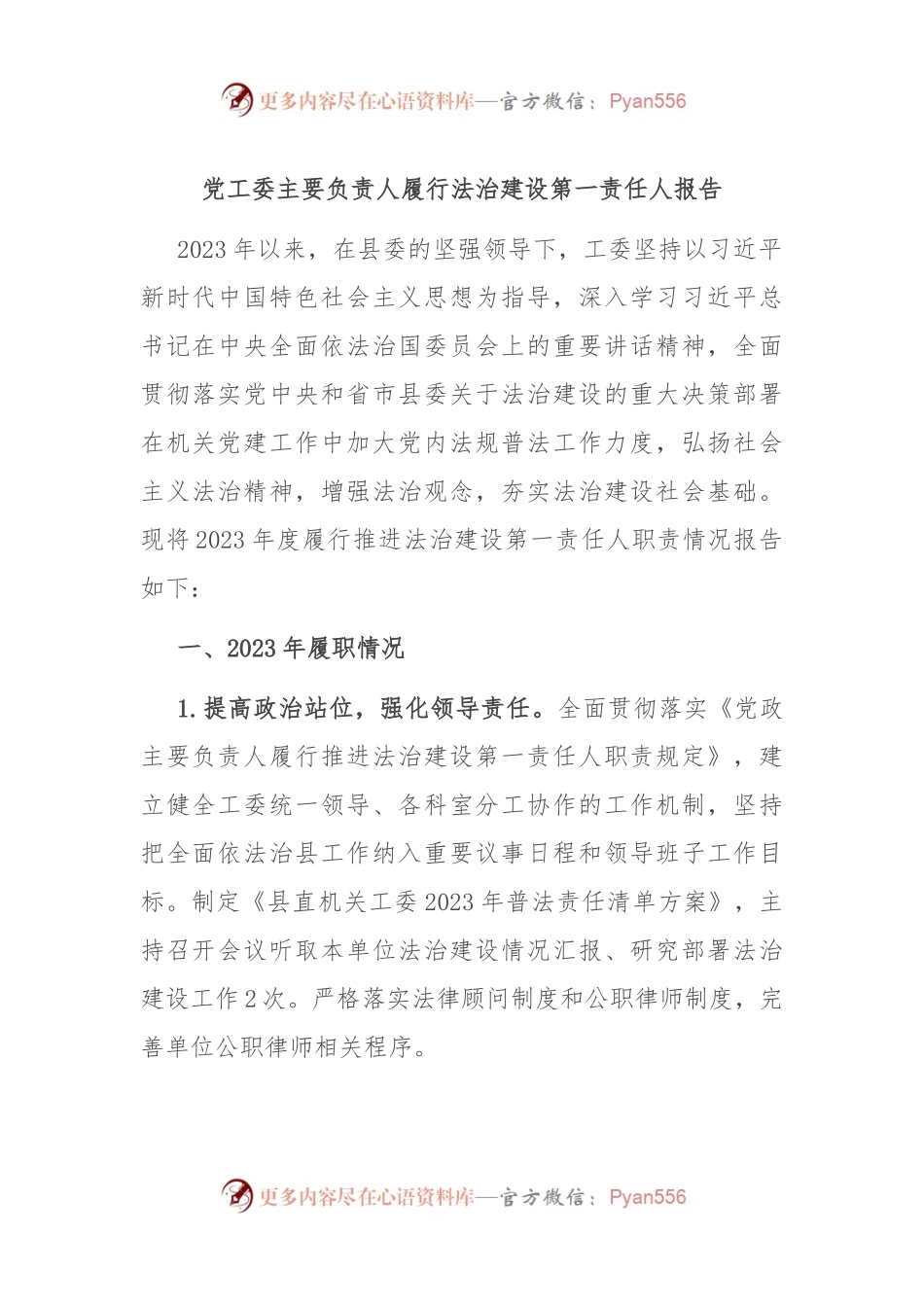 党工委主要负责人履行法治建设第一责任人报告.docx_第1页