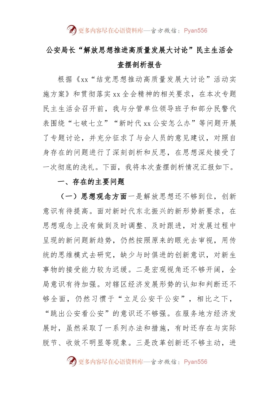 公安局长“解放思想推进高质量发展大讨论”民主生活会查摆剖析报告.docx_第1页