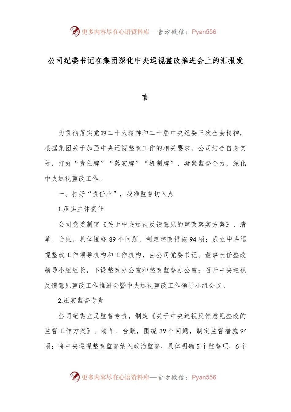 公司纪委书记在集团深化中央巡视整改推进会上的汇报发言.docx_第1页