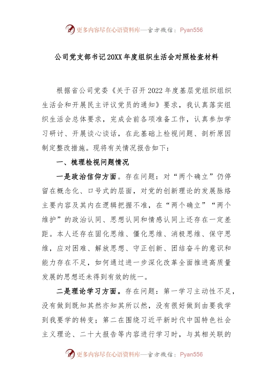 公司党支部书记2022年度组织生活会对照检查材料.docx_第1页