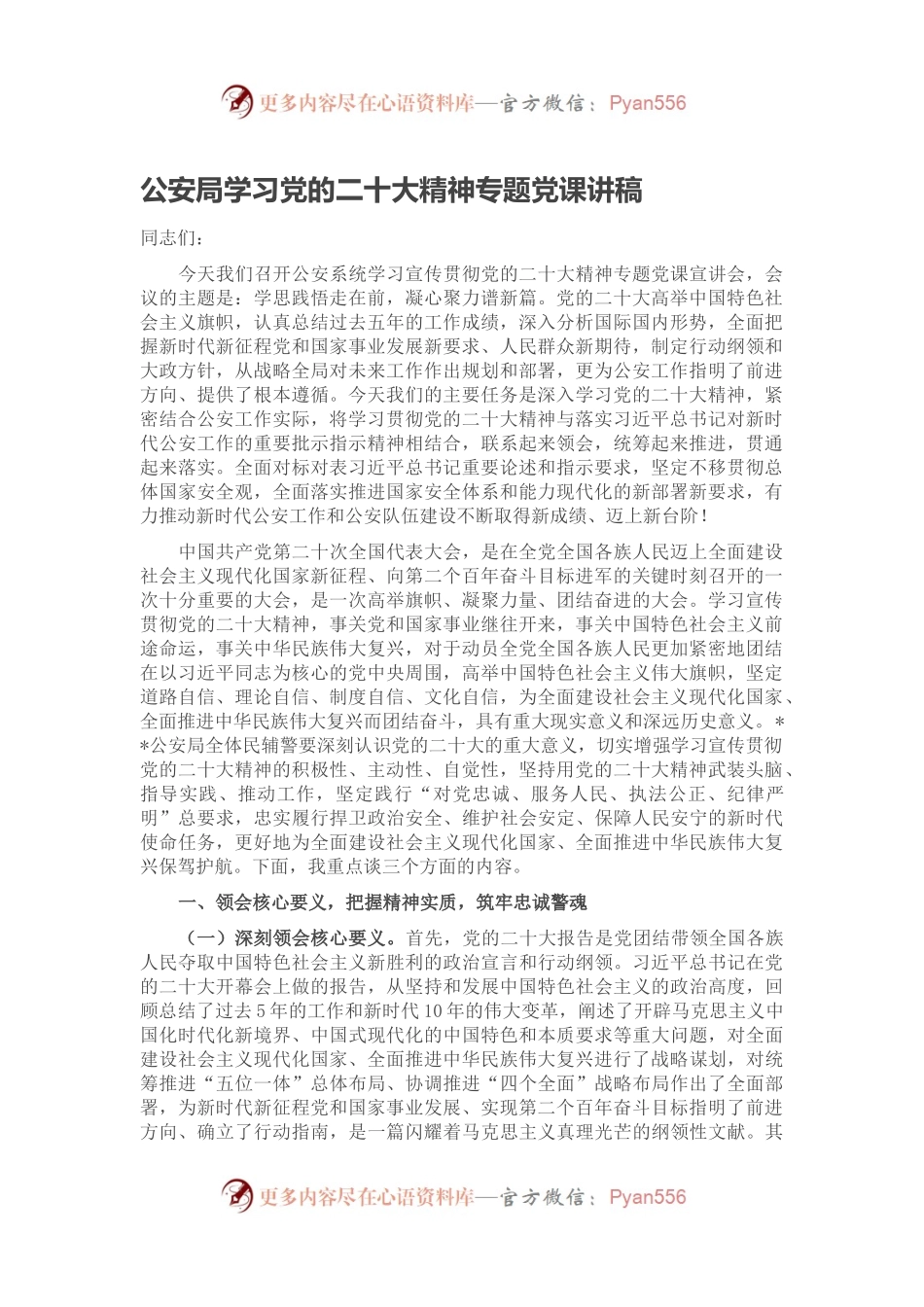 公安局学习党的二十大精神专题党课讲稿.docx_第1页