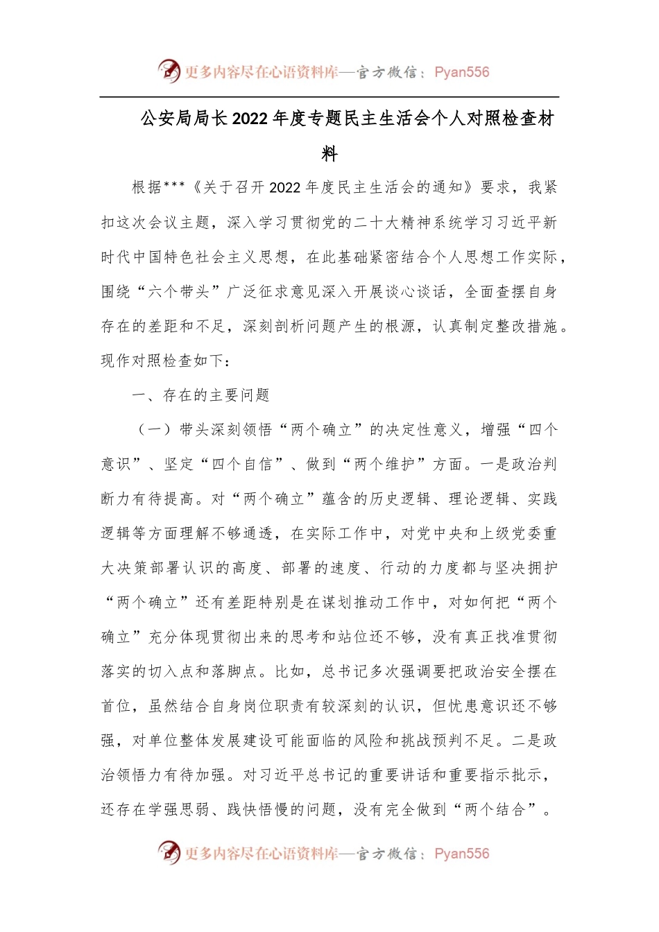 公安局局长2022年度专题民主生活会个人对照检查材料.docx_第1页