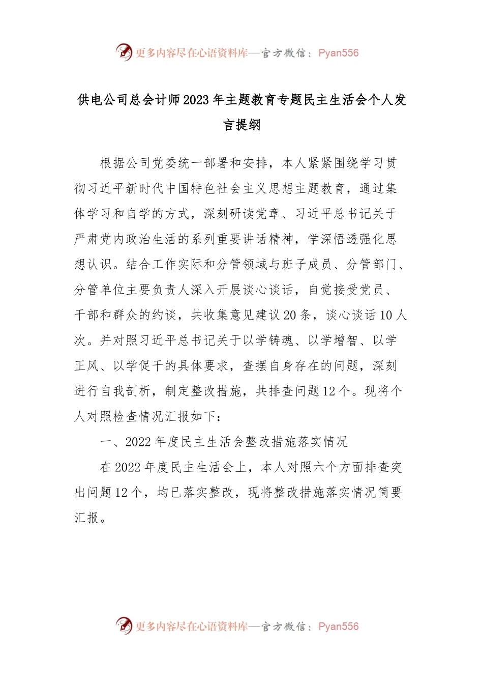 供电公司总会计师2023年主题教育专题民主生活会个人发言稿提纲.docx_第1页