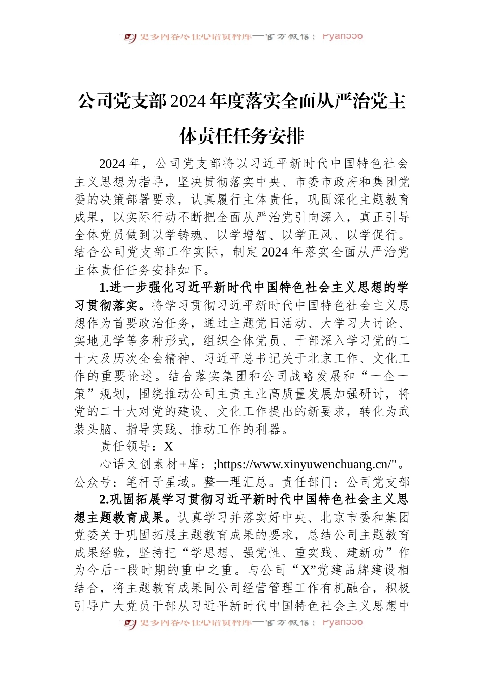 公司党支部2024年度落实全面从严治党主体责任任务安排.docx_第1页