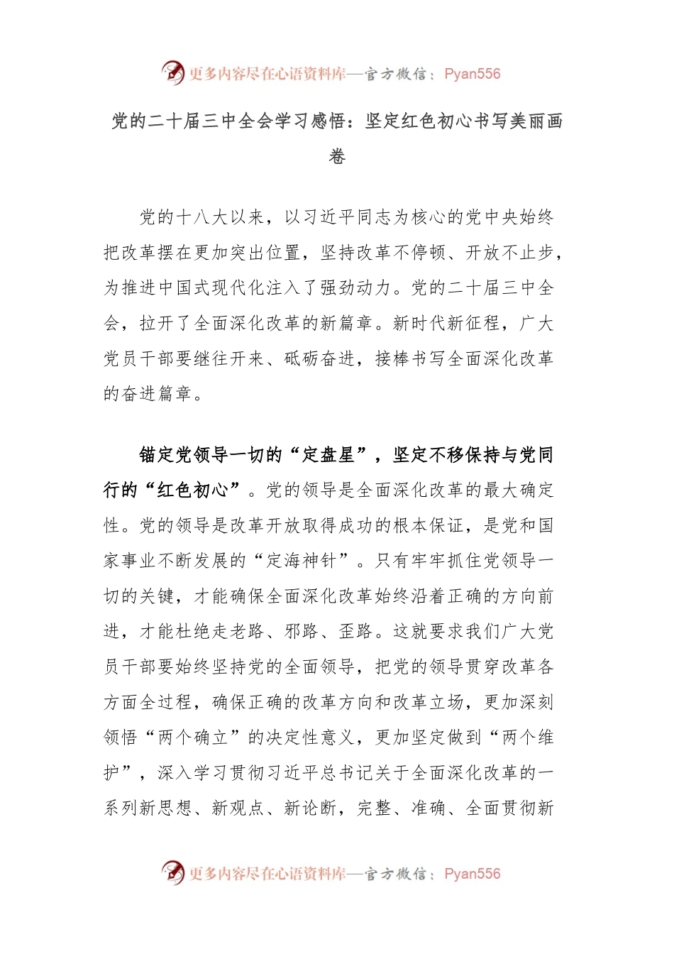 党的二十届三中全会学习感悟：坚定红色初心书写美丽画卷.docx_第1页