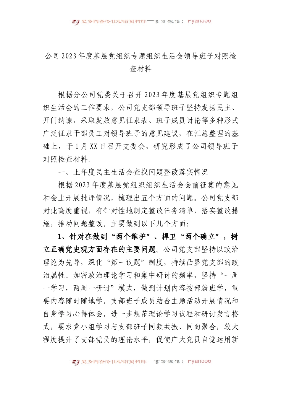 公司2023年度基层党组织专题组织生活会领导班子对照检查材料.docx_第1页