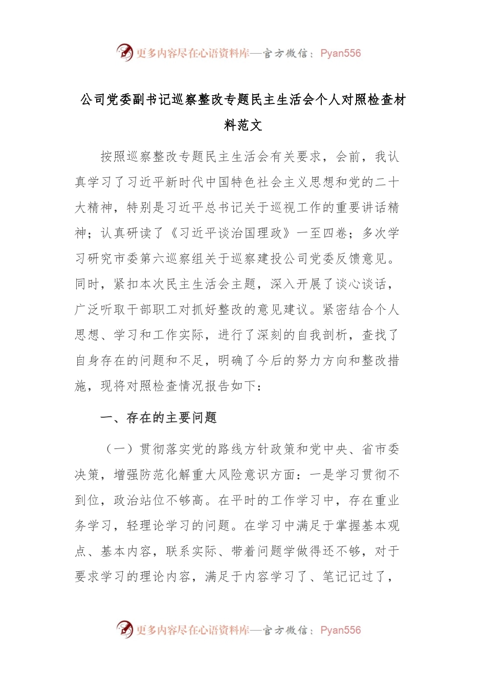 公司党委副书记巡察整改专题民主生活会个人对照检查材料范文.docx_第1页