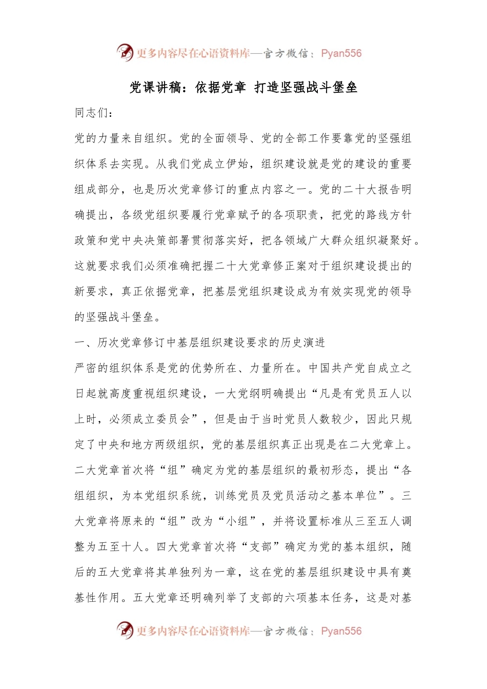 党课讲稿：依据党章 打造坚强战斗堡垒.docx_第1页