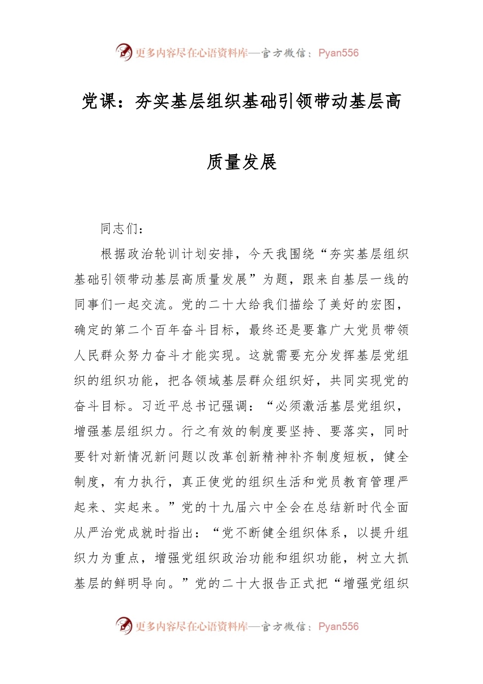 党课：夯实基层组织基础 引领带动基层高质量发展.docx_第1页