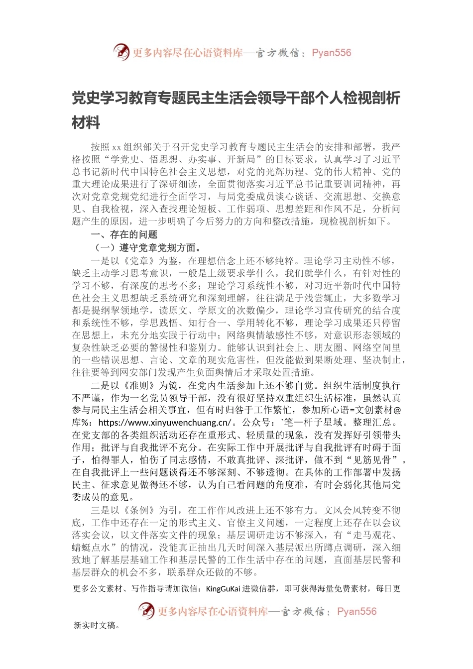 党史学习教育专题民主生活会领导干部个人检视剖析材料.docx_第1页