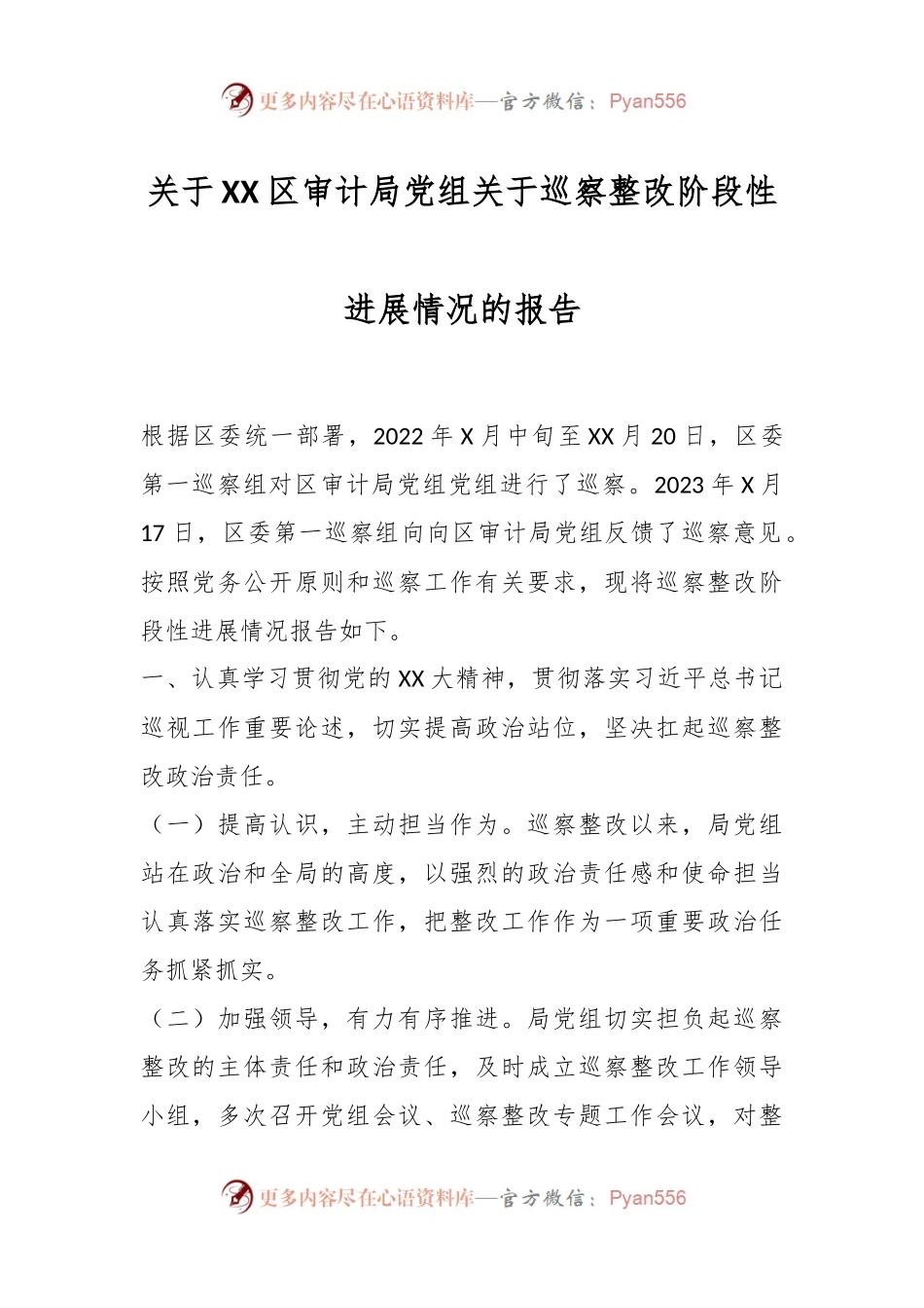 关于XX区审计局党组关于巡察整改阶段性进展情况的报告.docx_第1页