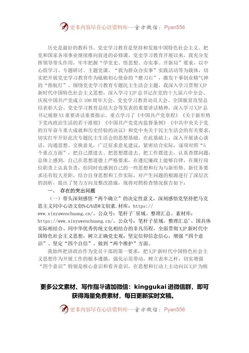 党史学习教育专题民主生活会对照检查材料(一把手）.docx_第1页
