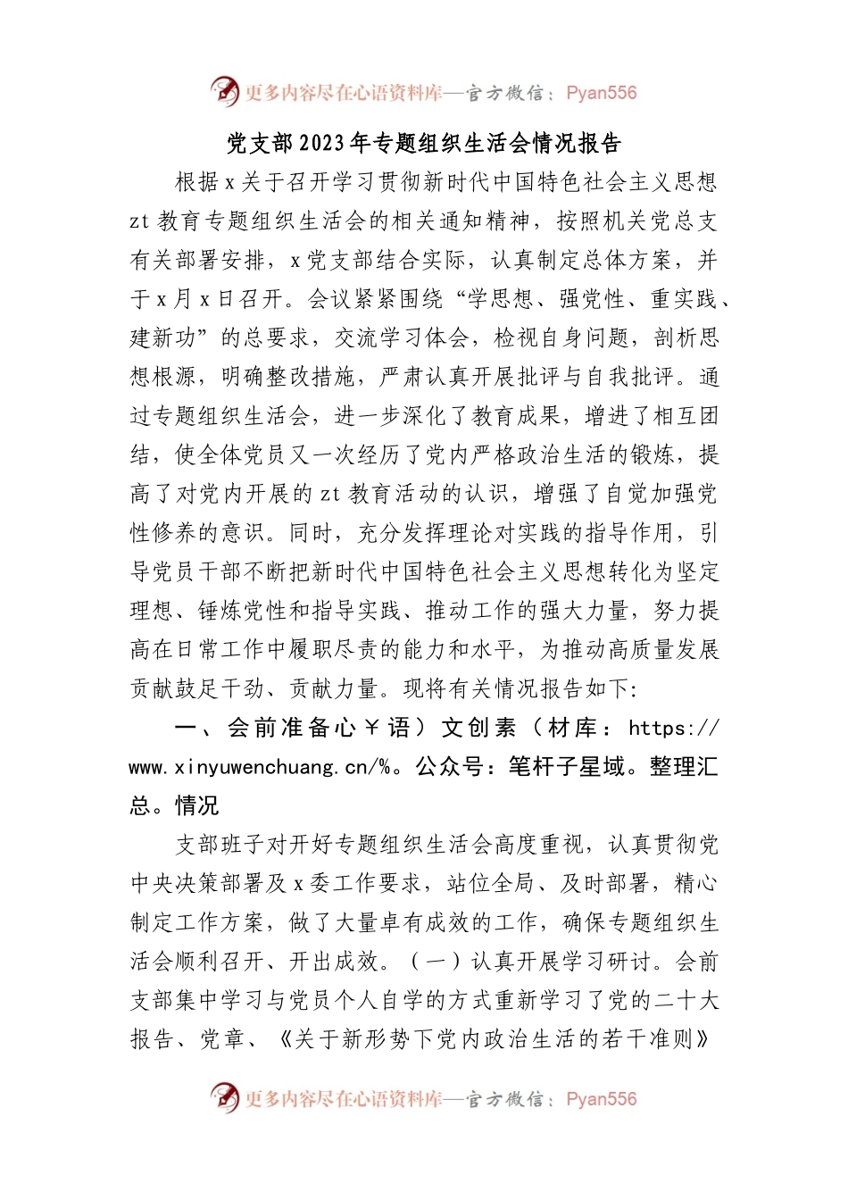 党支部2023年XX教育专题组织生活会情况报告.docx_第1页