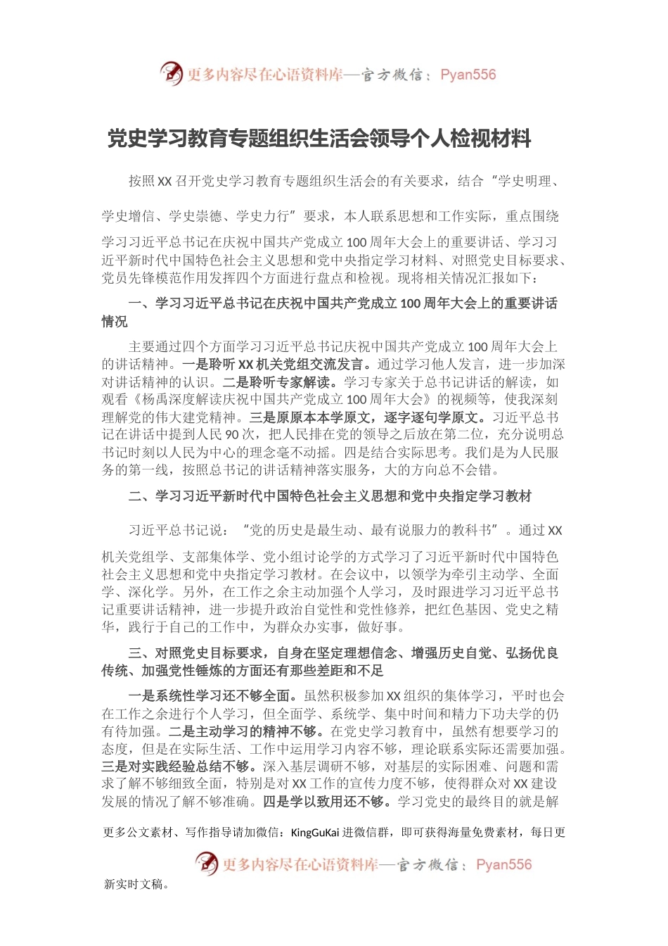 党史学习教育专题组织生活会领导个人检视材料.docx_第1页