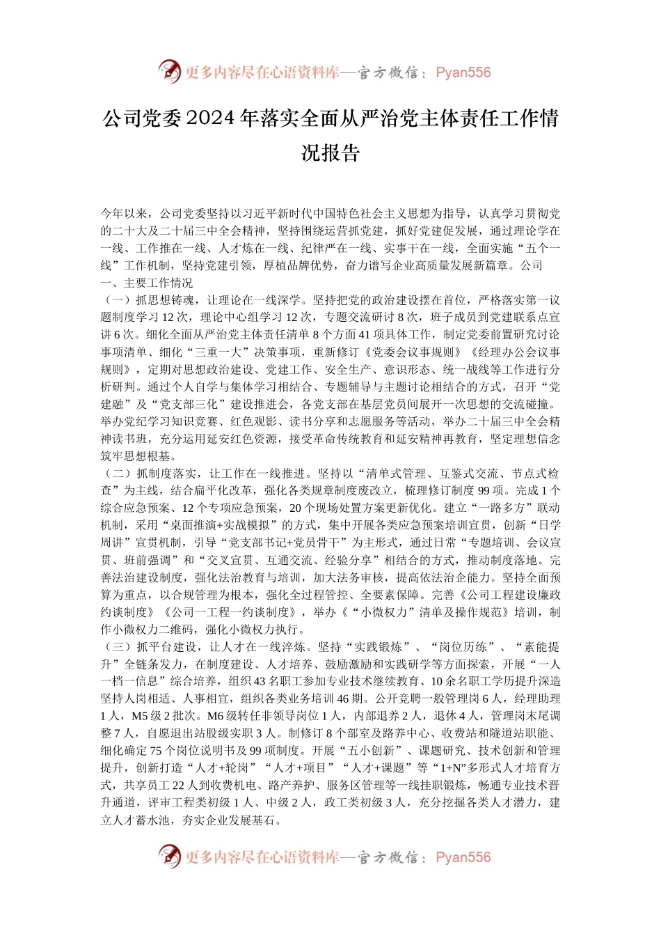 公司党委2024年落实全面从严治党主体责任工作情况报告.docx_第1页